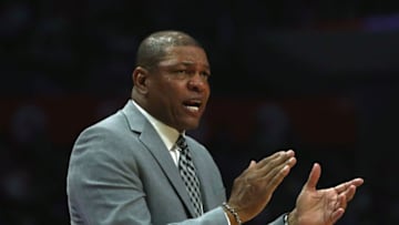 LOS ANGELES, CALIFORNIA - MARCH 17: Head coach Doc Rivers of the Los Angeles Clippers urges on his players in the first half during the NBA game against the Brooklyn Nets at Staples Center on March 17, 2019 in Los Angeles, California. The Clippers defeated the Nets 119-116. NOTE TO USER: User expressly acknowledges and agrees that, by downloading and or using this photograph, User is consenting to the terms and conditions of the Getty Images License Agreement. (Photo by Victor Decolongon/Getty Images)