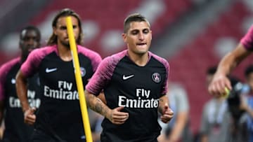 SINGAPORE - JULY 27: Marco Verratti #6 of Paris Saint-Germain runs during training ahead of the International Champions Cup 2018 match between Arsenal v Paris Saint Germain on July 27, 2018 in Singapore. (Photo by Thananuwat Srirasant/Getty Images for ICC)