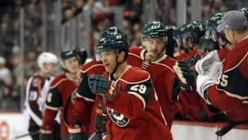 Mar 1, 2016; Saint Paul, MN, USA; Minnesota Wild forward Jason Pominville (29) celebrates his goal during the first period against the Colorado Avalanche at Xcel Energy Center. Mandatory Credit: Marilyn Indahl-USA TODAY Sports