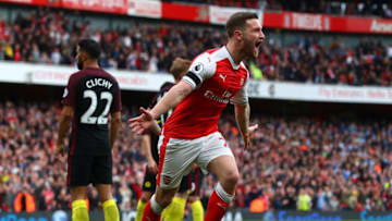 LONDON, ENGLAND - APRIL 02: Shkodran Mustafi of Arsenal celebrates scoring his sides second goal during the Premier League match between Arsenal and Manchester City at Emirates Stadium on April 2, 2017 in London, England. (Photo by Clive Rose/Getty Images)