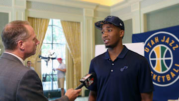 SALT LAKE CITY, UT - JUNE 28: Donovan Mitchell #45 of the Utah Jazz speaks to the press after being selected in the 2017 draft at Grand America Hotel on June 28, 2017 in Salt Lake City, Utah. Mandatory Copyright Notice: Copyright 2017 NBAE (Photo by Melissa Majchrzak/NBAE via Getty Images) Donovan Mitchell