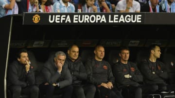 VIGO, SPAIN - MAY 04: Head coach Jose Mourinho (2-L) of Manchester United during the UEFA Europa League, semi final first leg match, between Celta Vigo and Manchester United at Estadio Balaidos on May 4, 2017 in Vigo, Spain. (Photo by Octavio Passos/Getty Images)