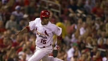 August 22, 2012; St. Louis, MO, USA; St. Louis Cardinals shortstop Rafael Furcal (15) scores against the Houston Astros on a base hit by Cardinals center fielder Jon Jay (not pictured) during the fifth inning at Busch Stadium. Mandatory Credit: Scott Rovak-USA TODAY Sports