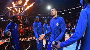 LOS ANGELES, CA - OCTOBER 22: Ivica Zubac #40 of the LA Clippers hi-fives team amtes before the game against the Los Angeles Lakers on October 22, 2019 at STAPLES Center in Los Angeles, California. NOTE TO USER: User expressly acknowledges and agrees that, by downloading and/or using this Photograph, user is consenting to the terms and conditions of the Getty Images License Agreement. Mandatory Copyright Notice: Copyright 2019 NBAE (Photo by Andrew D. Bernstein/NBAE via Getty Images)