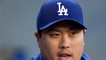 LOS ANGELES, CALIFORNIA - AUGUST 06: Hyun-Jin Ryu #66 of the Los Angeles Dodgers smiles in the dugout before the game against the St. Louis Cardinals at Dodger Stadium on August 06, 2019 in Los Angeles, California. (Photo by Harry How/Getty Images)