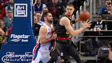 DETROIT, MI - DECEMBER 23: Jose Calderon #81 of the Detroit Pistons defends against Alex Len #25 of the Atlanta Hawks in the first half during an NBA game at Little Caesars Arena on December 23, 2018 in Detroit, Michigan. NOTE TO USER: User expressly acknowledges and agrees that, by downloading and or using this photograph, User is consenting to the terms and conditions of the Getty Images License Agreement. (Photo by Dave Reginek/Getty Images)