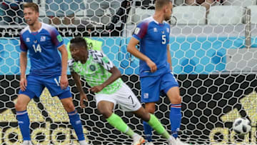 VOLGOGRAD, RUSSIA JUNE 22, 2018: Nigeria's Ahmed Musa (C) celebrates scoring in their 2018 FIFA World Cup Group D match against Iceland at Volgograd Arena Stadium. Team Nigeria won the game 2:0. Anton Novodezhkin/TASS (Photo by Anton NovoderezhkinTASS via Getty Images)