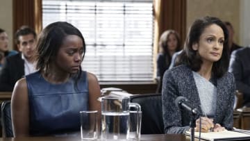 HOW TO GET AWAY WITH MURDER - "We're Not Getting Away With It" - Annalise's disappearance is uncovered, and the fallout affects everyone. Following Asher's death, Michaela and Connor are booked on murder charges and forced to make the most difficult decision of their lives. Bonnie reveals a secret about Tegan, and Gabriel becomes a potential murder suspect on the return of "How to Get Away with Murder," THURSDAY, APRIL 2 (10:01-11:00 p.m. EDT), on ABC. (ABC/Kelsey McNeal) AJA NAOMI KING, ANNE-MARIE JOHNSON