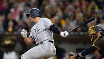 Jul 1, 2016; San Diego, CA, USA; New York Yankees designated hitter Alex Rodriguez (13) hits an RBI single during the ninth inning against the San Diego Padres at Petco Park. Mandatory Credit: Jake Roth-USA TODAY Sports