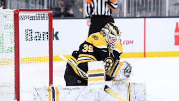 Dec 15, 2022; Boston, Massachusetts, USA; Boston Bruins goaltender Linus Ullmark (35) makes a save during the second period against the Los Angeles Kings at TD Garden. Mandatory Credit: Bob DeChiara-USA TODAY Sports