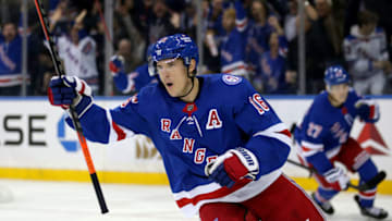 Oct 29, 2021; New York, New York, USA; New York Rangers center Ryan Strome (16) reacts after scoring a goal against the Columbus Blue Jackets during the first period at Madison Square Garden. Mandatory Credit: Brad Penner-USA TODAY Sports