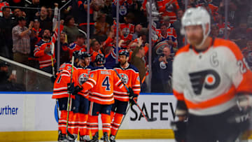 EDMONTON, AB - OCTOBER 16: The Oilers celebrate a Edmonton Oilers Center Connor McDavid (97) goal in the second period during the Edmonton Oilers game versus the Philadelphia Flyers on October 16, 2019 at Rogers Place in Edmonton, AB.(Photo by Curtis Comeau/Icon Sportswire via Getty Images)