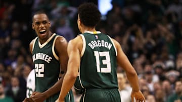 BOSTON, MA - MARCH 29: Khris Middleton #22 of the Milwaukee Bucks celebrates with Malcolm Brogdon #13 during the fourth quarter against the Boston Celtics at TD Garden on March 29, 2017 in Boston, Massachusetts. NOTE TO USER: User expressly acknowledges and agrees that by downloading and or using this photograph, User is consenting to the terms and conditions of the Getty Images License Agreement. (Photo by Maddie Meyer/Getty Images)