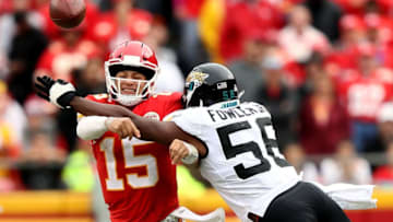 KANSAS CITY, MO - OCTOBER 07: Quarterback Patrick Mahomes #15 of the Kansas City Chiefs is hit by Dante Fowler #56 of the Jacksonville Jaguars during the game at Arrowhead Stadium on October 7, 2018 in Kansas City, Missouri. (Photo by Jamie Squire/Getty Images)