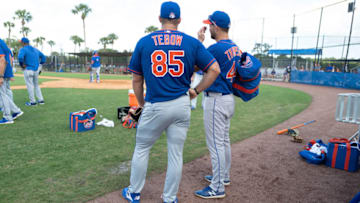 PORT ST. LUCIE, FLORIDA - FEBRUARY 20: Tim Tebow #85 of the New York Mets at batting practice during the team workout at Clover Park on February 20, 2020 in Port St. Lucie, Florida. (Photo by Mark Brown/Getty Images)