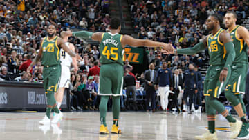 SALT LAKE CITY, UT - JANUARY 23: Donovan Mitchell #45 of the Utah Jazz celebrates during the game against the Denver Nuggets on January 23, 2019 at Vivint Smart Home Arena in Salt Lake City, Utah. Copyright 2019 NBAE (Photo by Melissa Majchrzak/NBAE via Getty Images)