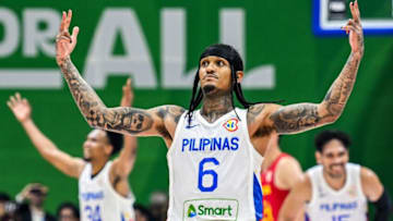 Philippines' Jordan Clarkson (L) gestures during the FIBA Basketball World Cup classification match between China and Philippines at Smart Araneta Coliseum in Quezon City on September 2, 2023. (Photo by SHERWIN VARDELEON / AFP) (Photo by SHERWIN VARDELEON/AFP via Getty Images)
