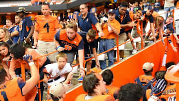 Sep 2, 2016; Syracuse, NY, USA; Syracuse Orange players greet fans as the leave the field following the game against the Colgate Raiders at the Carrier Dome. Syracuse defeated Colgate 33-7. Mandatory Credit: Rich Barnes-USA TODAY Sports