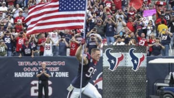 Nov 17, 2013; Houston, TX, USA; Houston Texans defensive end J.J. Watt (99) runs onto the field before a game against the Oakland Raiders at Reliant Stadium. Mandatory Credit: Troy Taormina-USA TODAY Sports