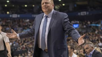 Dec 8, 2016; Toronto, Ontario, CAN; Minnesota Timberwolves head coach Tom Thibodeau reacts during the first quarter against the Toronto Raptors at Air Canada Centre. Mandatory Credit: Nick Turchiaro-USA TODAY Sports