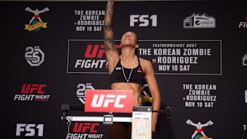 GOLDEN, CO - NOVEMBER 09: Germaine de Randamie of The Netherlands poses on the scale during the UFC Fight Night weigh-in on November 9, 2018 in Golden, Colorado. (Photo by Chris Unger/Zuffa LLC/Zuffa LLC via Getty Images)