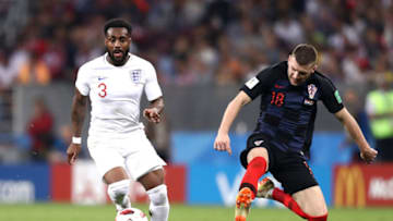 MOSCOW, RUSSIA - JULY 11: Danny Rose of England is tackled by Ante Rebic of Croatia during the 2018 FIFA World Cup Russia Semi Final match between England and Croatia at Luzhniki Stadium on July 11, 2018 in Moscow, Russia. (Photo by Ryan Pierse/Getty Images)