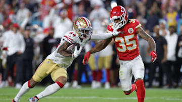 MIAMI, FLORIDA - FEBRUARY 02: Kendrick Bourne #84 of the San Francisco 49ers gives a stiff arm to Charvarius Ward #35 of the Kansas City Chiefs during the fourth quarter in Super Bowl LIV at Hard Rock Stadium on February 02, 2020 in Miami, Florida. (Photo by Jamie Squire/Getty Images)