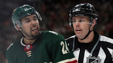 ST PAUL, MN - APRIL 15: Matt Dumba #24 of the Minnesota Wild reacts to being called for a roughing penalty against the Winnipeg Jets during the first period in Game Three of the Western Conference First Round during the 2018 NHL Stanley Cup Playoffs at Xcel Energy Center on April 15, 2018 in St Paul, Minnesota. (Photo by Hannah Foslien/Getty Images)
