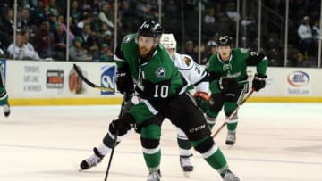 AUSTIN, TX - MARCH 10: Texas Stars center Justin Dowling (10) advances with the puck during minor league hockey game between the Iowa Wild and the Texas Stars on March 10, 2017 at the HEB Center in Cedar Park, TX. The Iowa Wild defeated the Texas Stars 5 - 1. (Photo by John Rivera/Icon Sportswire via Getty Images)