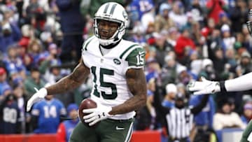 Jan 3, 2016; Orchard Park, NY, USA; New York Jets wide receiver Brandon Marshall (15) celebrates his touchdown catch against the Buffalo Bills during the first half at Ralph Wilson Stadium. Mandatory Credit: Kevin Hoffman-USA TODAY Sports