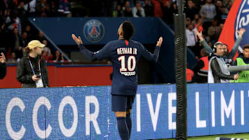 PARIS, FRANCE - OCTOBER 05: Neymar Jr of Paris Saint-Germain celebrates his goal during the Ligue 1 match between Paris Saint-Germain and Angers SCO at Parc des Princes on October 5, 2019 in Paris, France. (Photo by Xavier Laine/Getty Images)