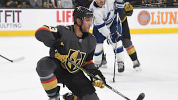 Alec Martinez #23 of the Vegas Golden Knights defends the net against the Tampa Bay Lightning. (Photo by Ethan Miller/Getty Images)