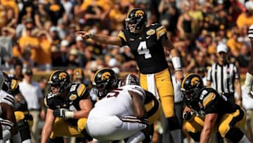 TAMPA, FL - JANUARY 01: Nate Stanley #4 of the Iowa Hawkeyes calls a play during the 2019 Outback Bowl against the Mississippi State Bulldogs at Raymond James Stadium on January 1, 2019 in Tampa, Florida. (Photo by Mike Ehrmann/Getty Images)