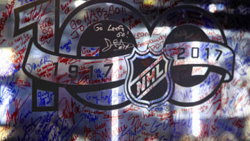 MONTREAL, QC - NOVEMBER 18: A logo of NHL at the NHL Centennial 100 Celebration on November 18, 2017 at the Bell Centre in Montreal, Quebec, Canada. (Photo by Thierry du Bois/NHLI via Getty Images)