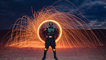 WINTERHAVEN, CALIFORNIA - JANUARY 15: Star Wars cosplayer Shawn Richter as Boba Fett poses for photos at Buttercup Sand Dunes on January 15, 2022 in Winterhaven, California. Buttercup San Dunes was the location of several iconic scenes filmed for Star Wars: Return of the Jedi. (Photo by Daniel Knighton/Getty Images)