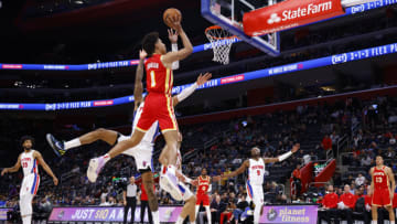 Mar 23, 2022; Detroit, Michigan, USA; Atlanta Hawks forward Jalen Johnson (1) shoots in the first half against the Detroit Pistons at Little Caesars Arena. Mandatory Credit: Rick Osentoski-USA TODAY Sports
