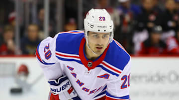 NEWARK, NJ - APRIL 01: New York Rangers left wing Chris Kreider (20) skates during the first period of the National Hockey League game between the New Jersey Devils and the New York Rangers on April 1, 2019 at the Prudential Center in Newark, NJ. (Photo by Rich Graessle/Icon Sportswire via Getty Images)