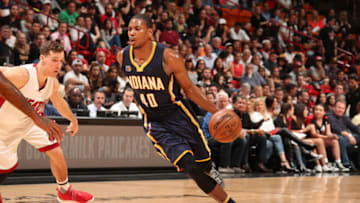 MIAMI, FL - FEBRUARY 25: Glenn Robinson III #40 of the Indiana Pacers handles the ball during a game against the Miami Heat on February 25, 2017 at American Airlines Arena in Miami, Florida. NOTE TO USER: User expressly acknowledges and agrees that, by downloading and/or using this photograph, user is consenting to the terms and conditions of the Getty Images License Agreement. Mandatory Copyright Notice: Copyright 2017 NBAE (Photo by Issac Baldizon/NBAE via Getty Images)
