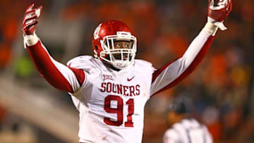 Nov 28, 2015; Stillwater, OK, USA; Oklahoma Sooners defensive end Charles Tapper (91) reacts against the Oklahoma State Cowboys at Boone Pickens Stadium. The Sooners defeated the Cowboys 58-23. Mandatory Credit: Mark J. Rebilas-USA TODAY Sports