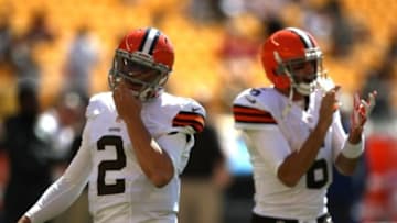 Sep 7, 2014; Pittsburgh, PA, USA; Cleveland Browns quarterback Johnny Manziel (2) and quarterback Brian Hoyer (6) during warm-ups against the Pittsburgh Steelers before their game at Heinz Field. Mandatory Credit: Jason Bridge-USA TODAY Sports