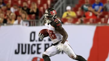 TAMPA, FL - AUGUST 30: Shaun Wilson #38 of the Tampa Bay Buccaneers rushes during a preseason game against the Jacksonville Jaguars at Raymond James Stadium on August 30, 2018 in Tampa, Florida. (Photo by Mike Ehrmann/Getty Images)