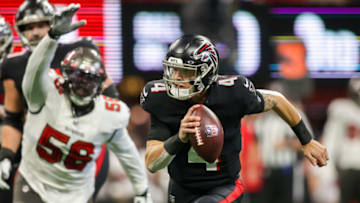 Atlanta Falcons quarterback Desmond Ridder against the Tampa Bay Buccaneers at Mercedes-Benz Stadium. USA Today.