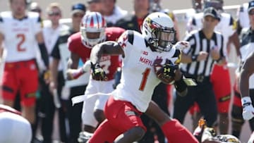Sep 27, 2014; Bloomington, IN, USA; Maryland Terrapins wide receiver Stefon Diggs (1) runs the ball during the second quarter against the Indiana Hoosiers at Memorial Stadium. Mandatory Credit: Pat Lovell-USA TODAY Sports