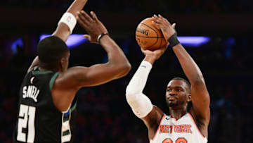 NEW YORK, NEW YORK - DECEMBER 01: Noah Vonleh #32 of the New York Knicks attempts a basket during the first quarter of the game against Milwaukee Bucks at Madison Square Garden on December 01, 2018 in New York City. NOTE TO USER: User expressly acknowledges and agrees that, by downloading and or using this photograph, User is consenting to the terms and conditions of the Getty Images License Agreement. (Photo by Sarah Stier/Getty Images)