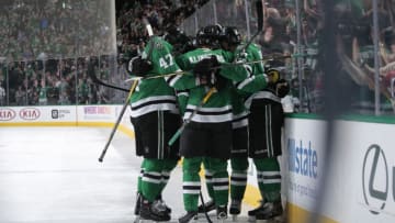 DALLAS, TX - MARCH 9: Alexander Radulov #47, John Klingberg #3, Devin Shore #17 and the Dallas Stars celebrate a goal against the Anaheim Ducks at the American Airlines Center on March 9, 2018 in Dallas, Texas. (Photo by Glenn James/NHLI via Getty Images)