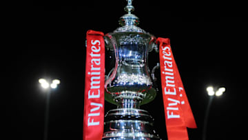 KIRKHAM, ENGLAND - DECEMBER 01: The Emirates FA Cup Second Round trophy is seen before the match between AFC Fylde and Wigan Athletic on December 1, 2017 in Kirkham, England. (Photo by Nathan Stirk/Getty Images)