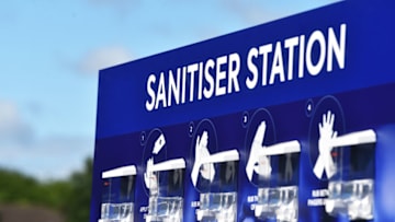 A hand sanitiser station is seen prior to day one of the friendly match between Warwickshire and Worcestershire at Edgbaston on July 28, 2020 in Birmingham, England. (Photo by Nathan Stirk/Getty Images)