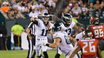 Aug 11, 2016; Philadelphia, PA, USA; Philadelphia Eagles quarterback Carson Wentz (11) attempts a pass to tight end Zach Ertz (86) against the Tampa Bay Buccaneers during the first half at Lincoln Financial Field. Mandatory Credit: Bill Streicher-USA TODAY Sports