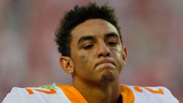 TUSCALOOSA, AL - OCTOBER 21: Jarrett Guarantano #2 of the Tennessee Volunteers reacts after their 45-7 loss to the Alabama Crimson Tide at Bryant-Denny Stadium on October 21, 2017 in Tuscaloosa, Alabama. (Photo by Kevin C. Cox/Getty Images)