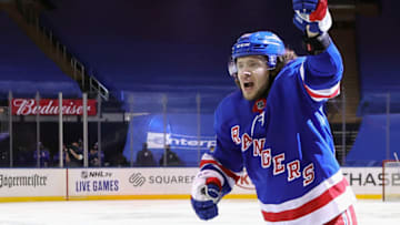 New York Rangers left wing Artemi Panarin (10) celebrates after a goal . Credit: Bruce Bennett/Pool Photos-USA TODAY Sports